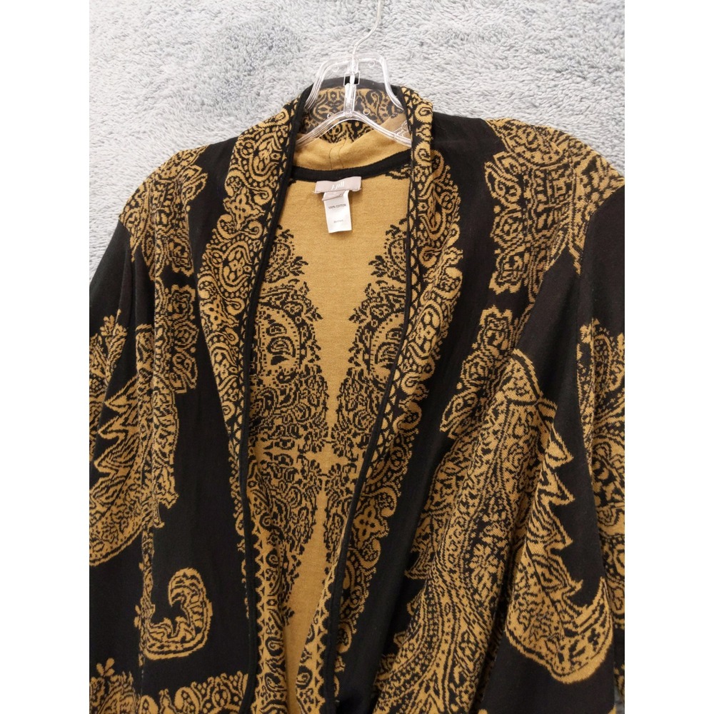 J Jill Cardigan Open Front Black Gold‎ Baroque Print Long Sleeve Cotton Sz S - Picture 2 of 7
